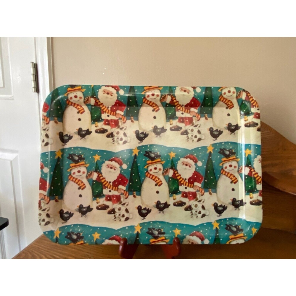 Lot of 3 Vintage Christmas Santa Snowman Holiday Serving Trays
